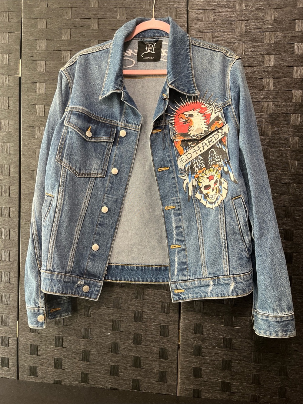 Ed Hardy AmericanFlag Denim Trucker Jean Jacket Death Before Dishonor Men's SZ S